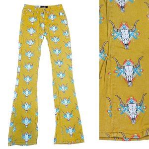 Fallon Taylor Western Steer Skull Jeans Bootcut Flare Mustard Yellow‎ 27 X 32
